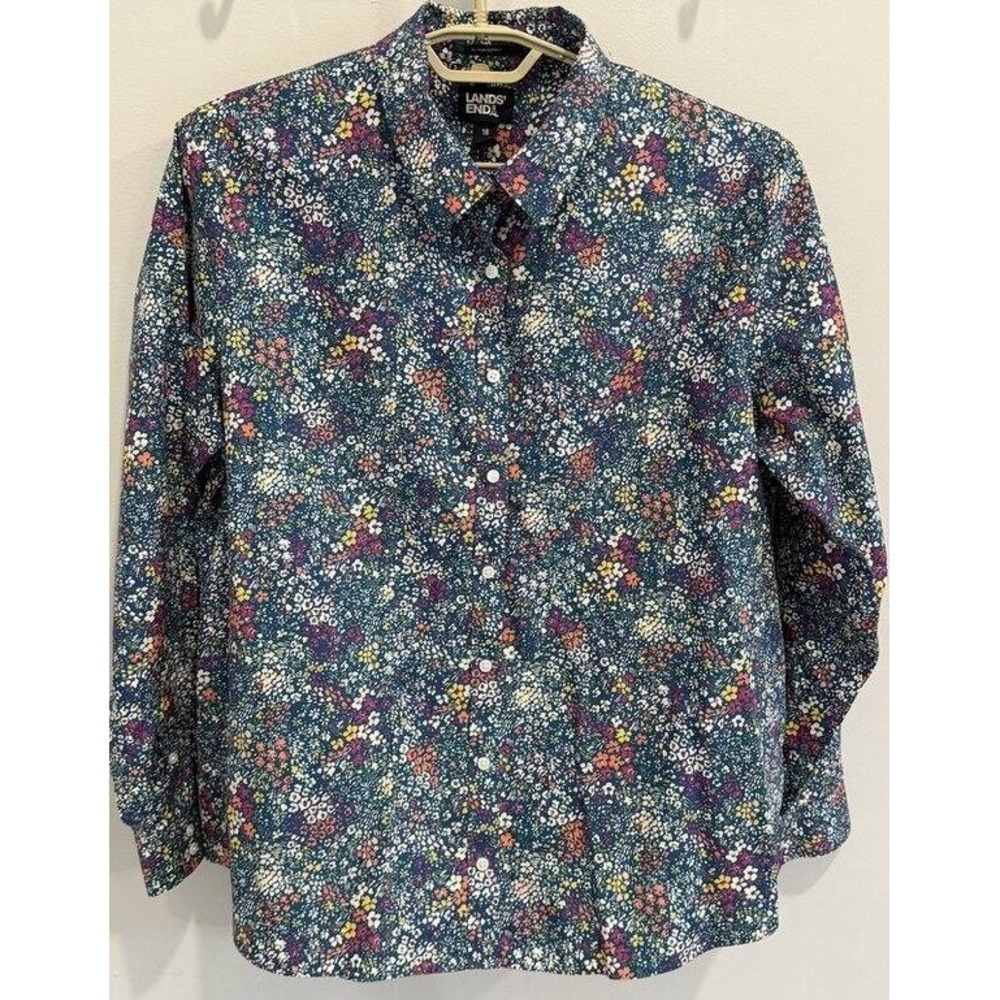 Lands End No Iron Supima Womens Long Sleeve Button Front Shirt Blue Floral 18